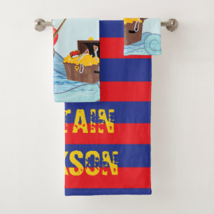 Pirate Boat stripes cute monogram Bath Towel Set