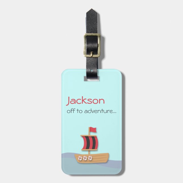 Pirate boat with red & black sail luggage tag (Front Vertical)