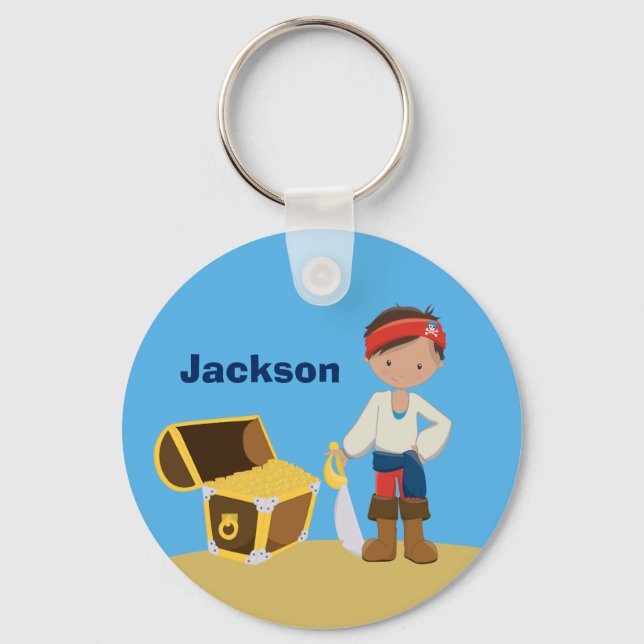 Pirate Boy Beach Summer Cute Kids Monogram Blue Key Ring (Front)