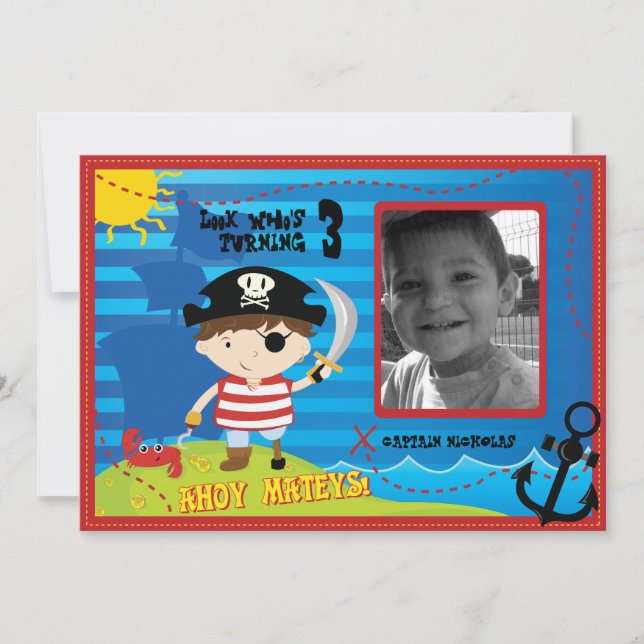Pirate Boy Birthday Party Invitation, Ahoy Mateys! Invitation (Front)