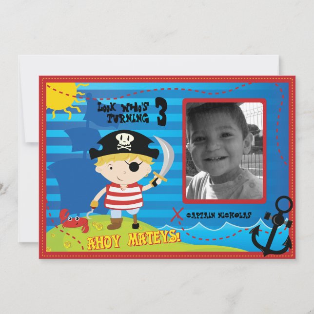 Pirate Boy Birthday Party Invitation, Ahoy Mateys! Invitation (Front)