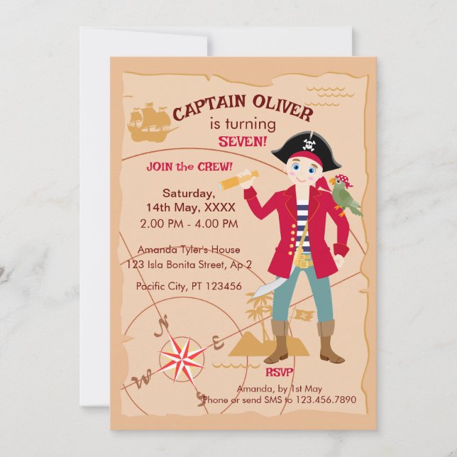 Pirate Boy Treasure Map Fun Birthday Party Invitation (Front)