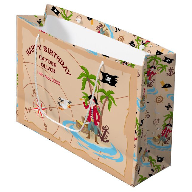 Pirate Boy Treasure Map Fun Birthday Party Large Gift Bag (Front Angled)