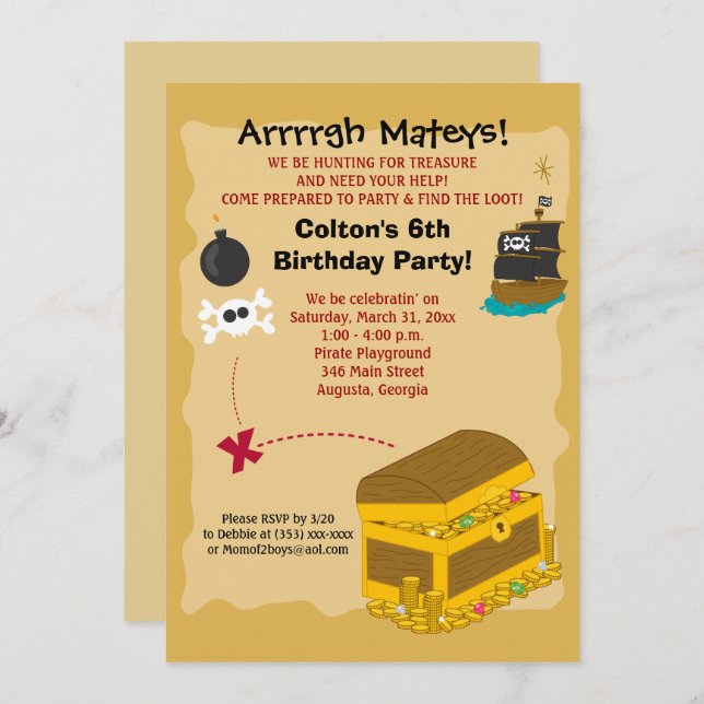 Pirate Boy's Birthday Invitation 5x7 (Front/Back)