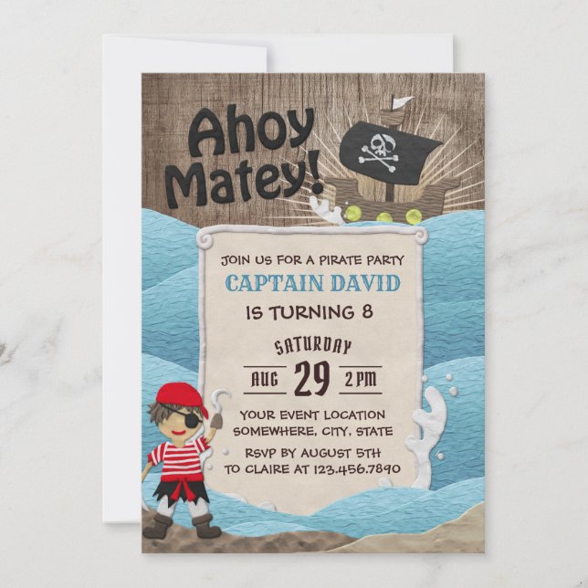 Pirate Captain Ahoy Boy 8th Birthday Party Invitation (Front)