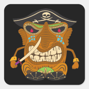 Pirate Captain, Tiki Statue, Funny Black Square Sticker