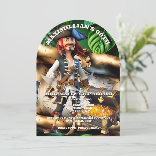 Pirate captain treasure chest boys theme birthday  invitation (Standing Front)