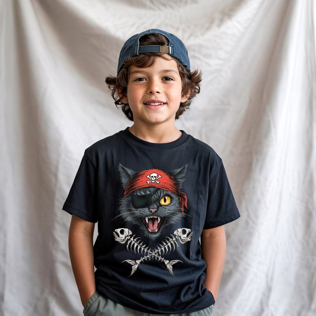Pirate Cat Kitten Skull Crossbones Halloween black T-Shirt (Creator Uploaded)