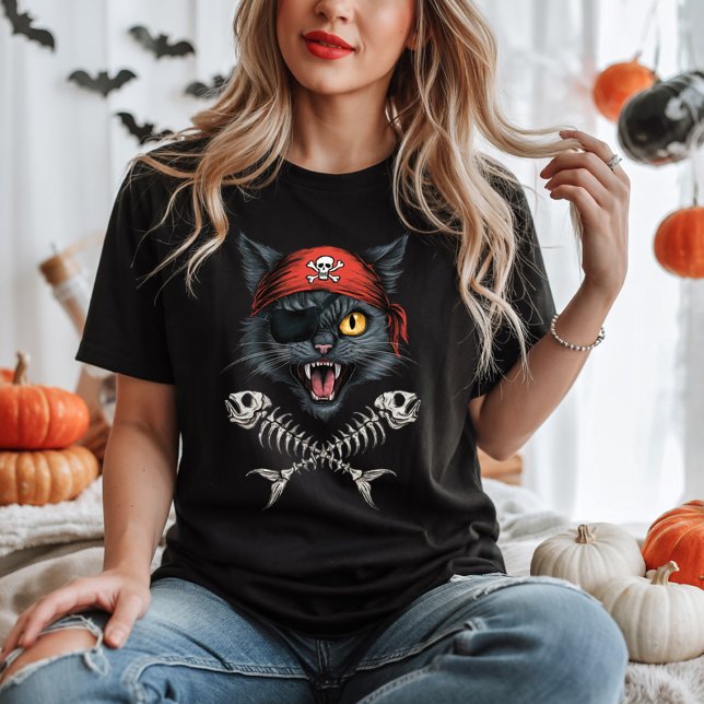 Pirate Cat Kitten Skull Crossbones Halloween black T-Shirt (Creator Uploaded)