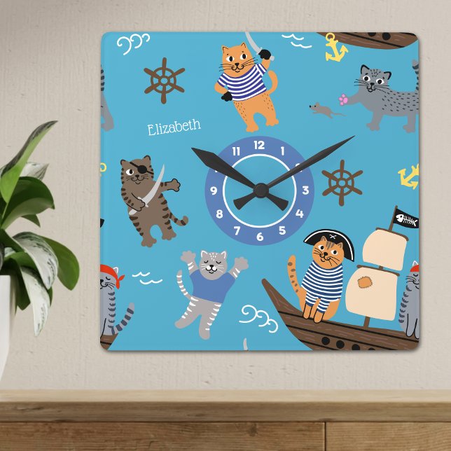 Pirate Cat Pattern for Boy and Girl Kids Square Wall Clock (Creator Uploaded)