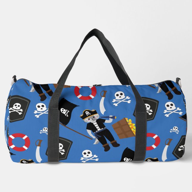 pirate cat skull crossbones blue  duffle bag (Front)