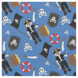 pirate cat skull crossbones blue fabric