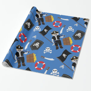 pirate cat skull crossbones blue  wrapping paper