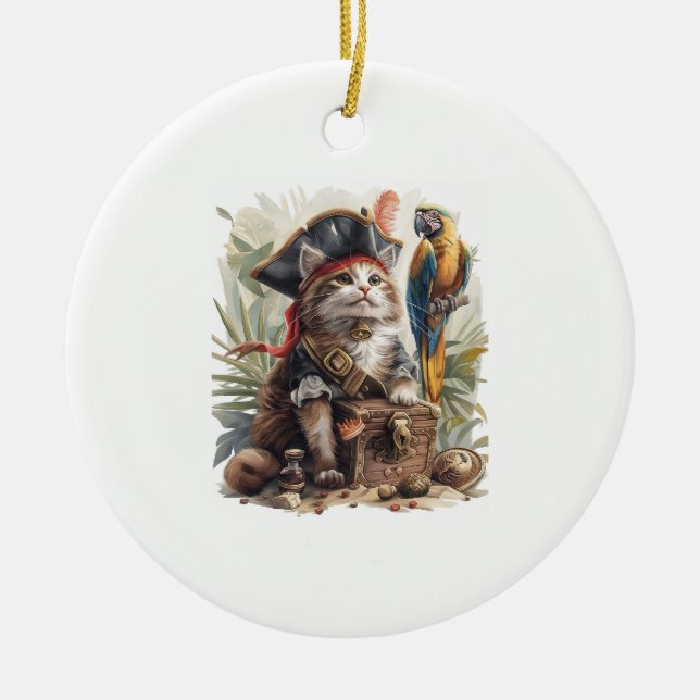 Pirate Cat Treasure Ceramic Tree Decoration (Front)