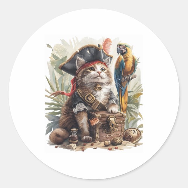 Pirate Cat Treasure Classic Round Sticker (Front)