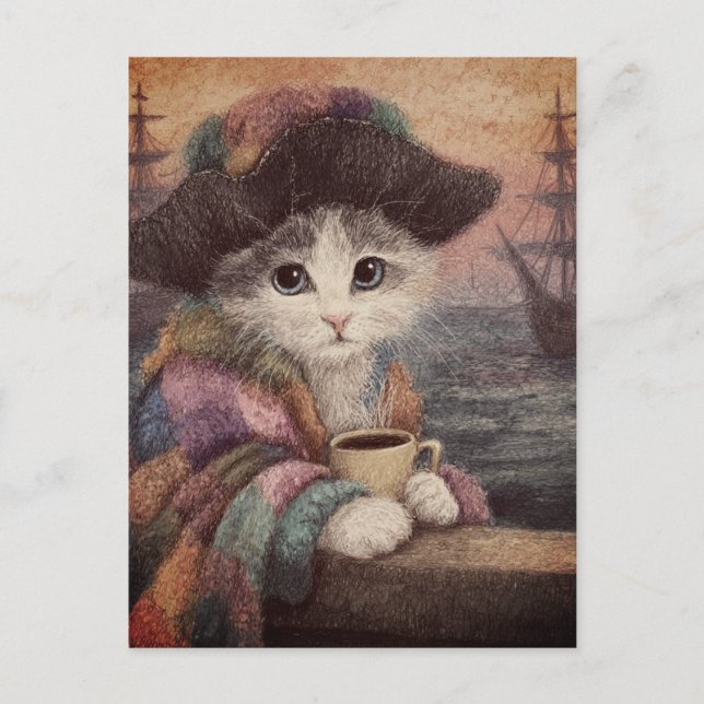 Pirate Cat With a Coffee Postcard (Front)