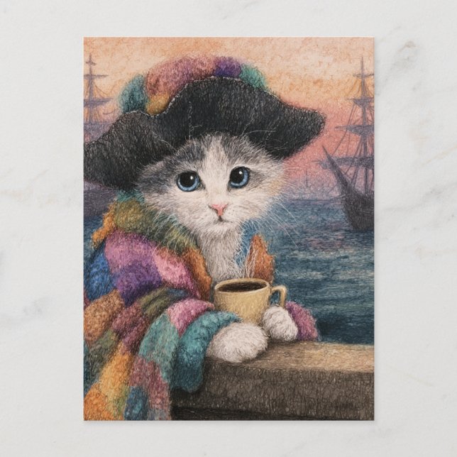 Pirate Cat With a Coffee Postcard (Front)