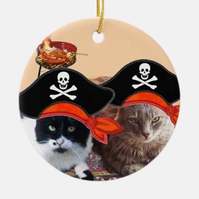 PIRATE CATS AND ANTIQUE PIRATES TREASURE MAPS CERAMIC TREE DECORATION (Front)