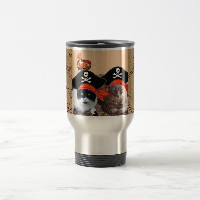 PIRATE CATS AND ANTIQUE PIRATES TREASURE MAPS TRAVEL MUG (Center)