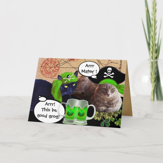 PIRATE CATS AND GREEN BEER PINTS,St. Patrick's Day Card (Front)