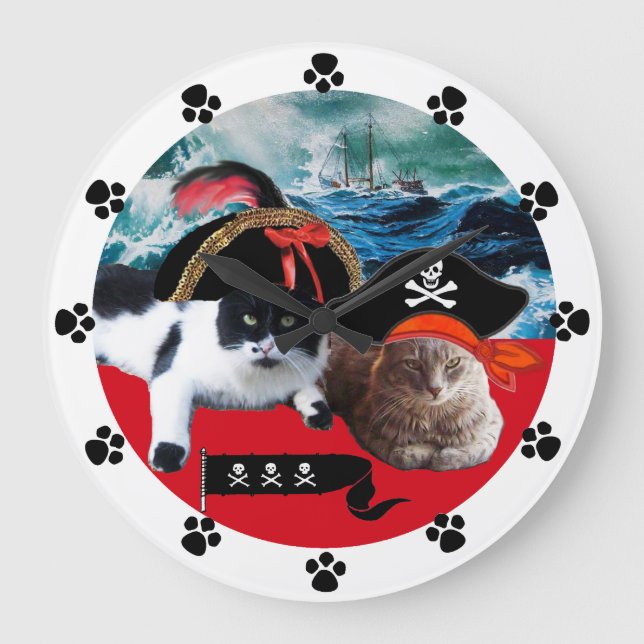 PIRATE CATS AND SHIP IN THE SEA STORM LARGE CLOCK (Front)