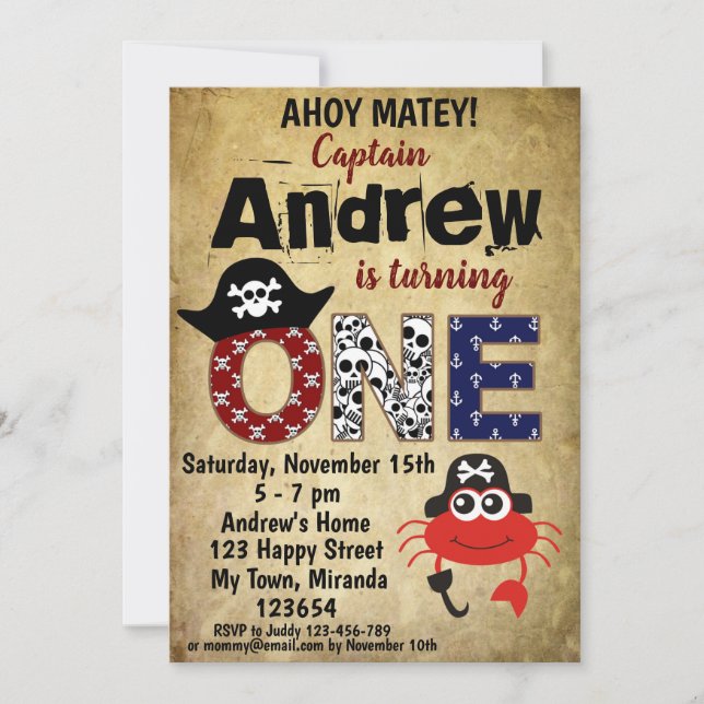 Pirate crab birthday invitations (Front)