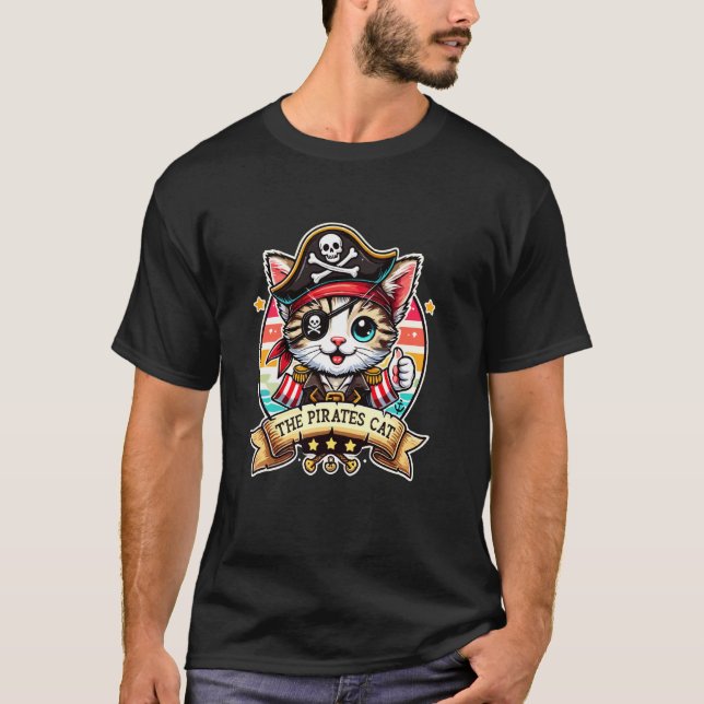 Pirate Cute Cat Kitten Eye Patch Caribbean T-Shirt (Front)