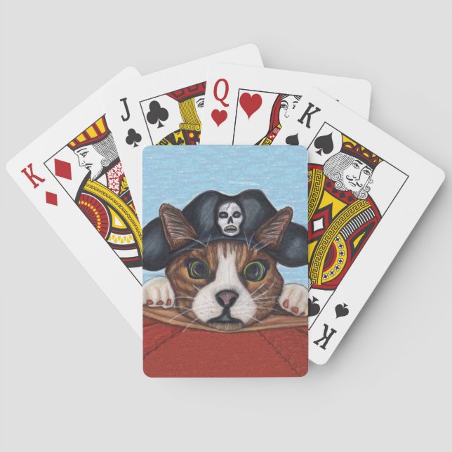 Pirate Cute Surprised Brown Striped Cat Playing Cards (Back)