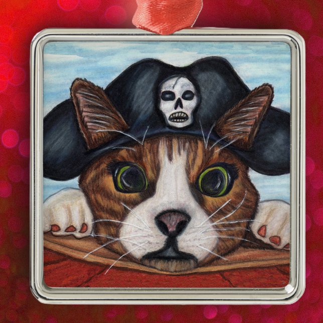Pirate Cute Surprised Cat Metal Tree Decoration (cute green eyes cat hanging on boat wearing black pirate hat on hanging ornament.)