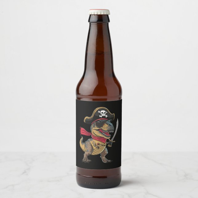 Pirate Dinosaur T-Rex Funny Halloween Costume Beer Bottle Label (Front)