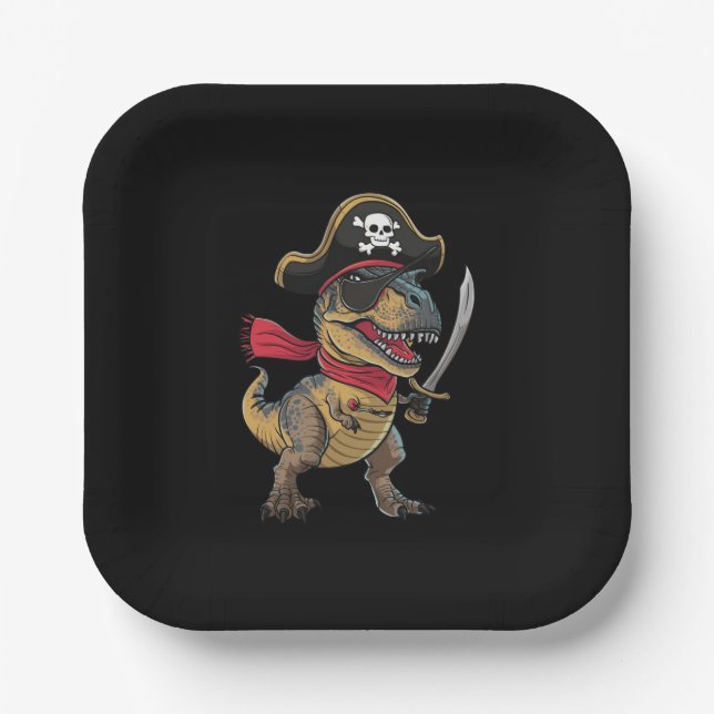 Pirate Dinosaur T-Rex Funny Halloween Costume Paper Plate (Front)