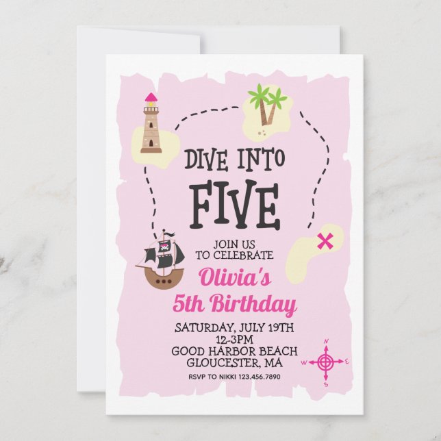 Pirate Dive into Five Pink 5th Birthday Invitation (Front)
