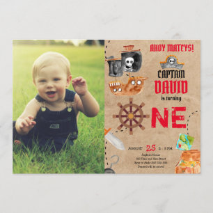 Pirate First Birthday Boy 1st Birthday with Photo Invitation