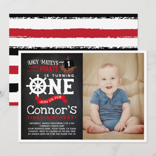 Pirate First Birthday Invitation with Photo (Front/Back)
