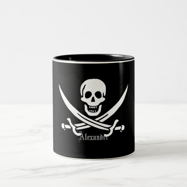 Pirate Flag Skull and Crossed Swords Jolly Roger Two-Tone Coffee Mug (Center)