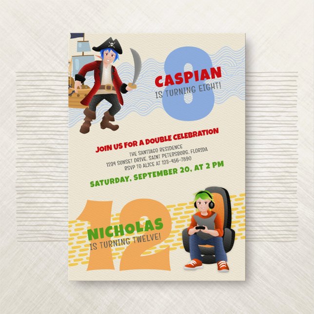 Pirate Gamer Joint Double Birthday Invitation (Creator Uploaded)