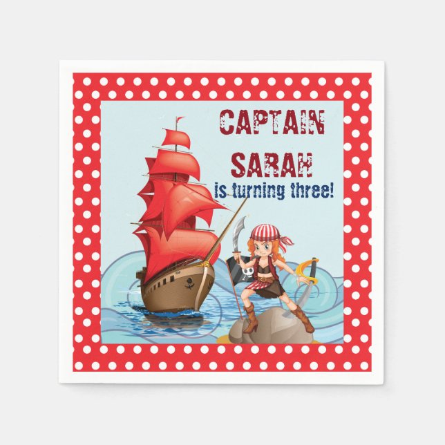 Pirate Girl Birthday Party Boat cartoon style Napkin (Front)