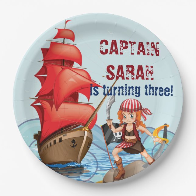 Pirate Girl Birthday Party Boat stripes Paper Plate (Front)