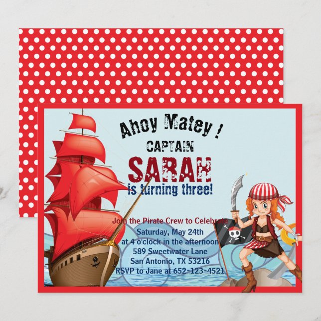 Pirate Girl Birthday Party Invitation Boat (Front/Back)