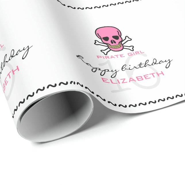 Pirate Girl Pink Skull Personalised 16th Birthday Wrapping Paper (Roll Corner)