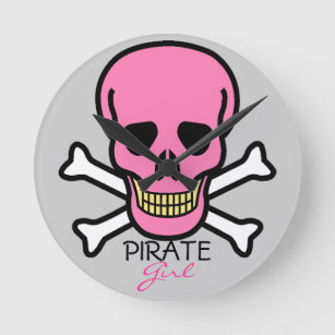 Pirate Girl Pink Skull Round Clock