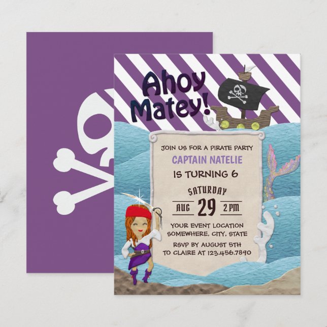 Pirate Girl Purple Stripes 6th Birthday Party Invitation (Front/Back)