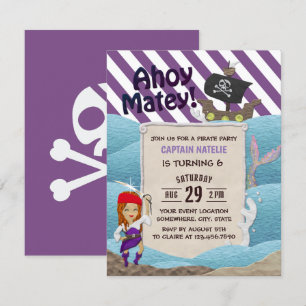 Pirate Girl Purple Stripes 6th Birthday Party Invitation