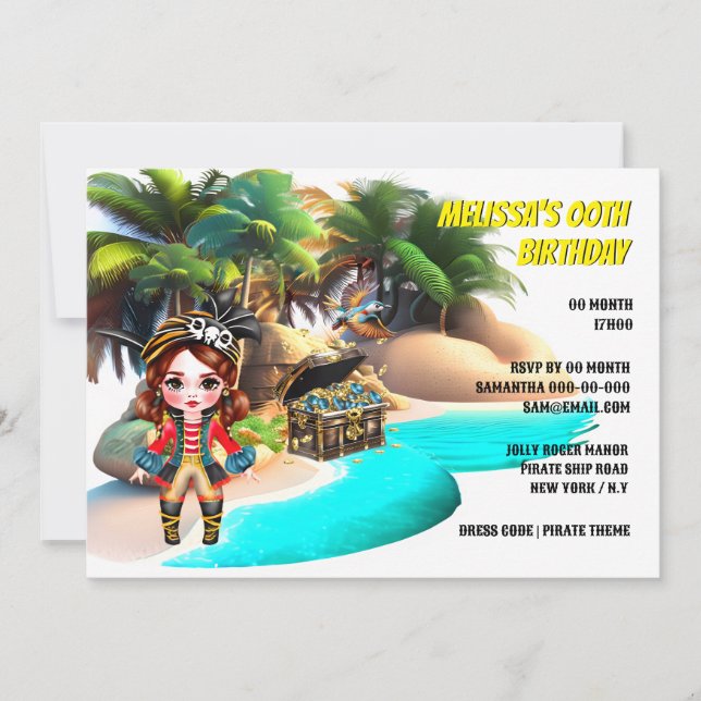 Pirate girl theme island treasure tropical bird invitation (Front)
