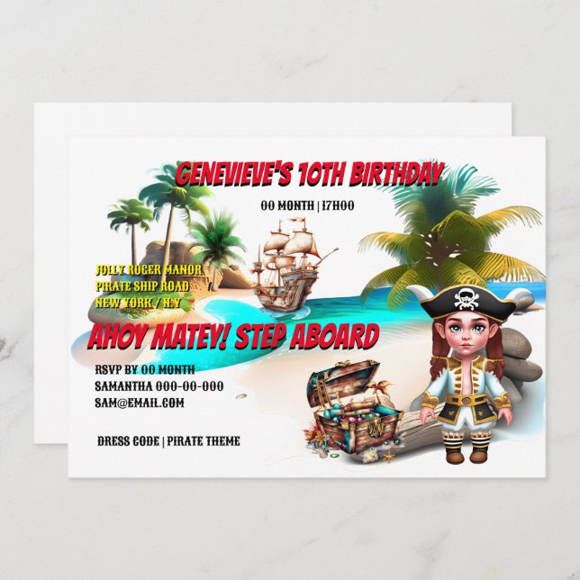 Pirate girl treasure chest tropical island ship invitation (Front/Back)
