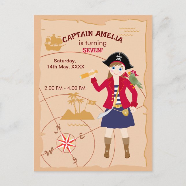 Pirate Girl Treasure Map Fun Birthday Party Invitation Postcard (Front)