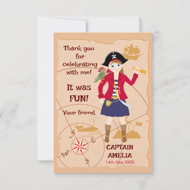 Pirate Girl Treasure Map Fun Birthday Party Thank You Card (Front)