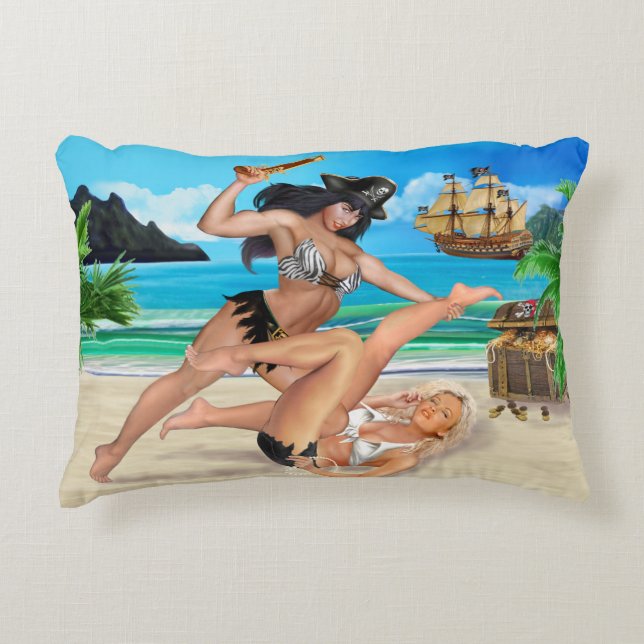 PIRATE GIRLS CATFIGHTING DECORATIVE CUSHION (Front)
