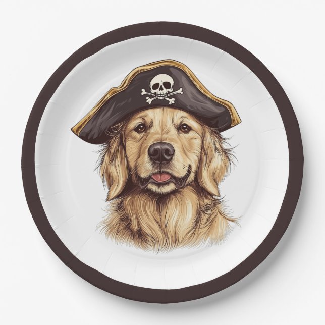 Pirate Golden Retriever Dog Skull Paper Plate (Front)