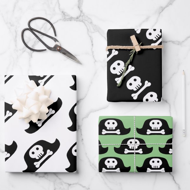 Pirate Hat Black Skull Crossbones Pattern Kids Wrapping Paper Sheet (Front)